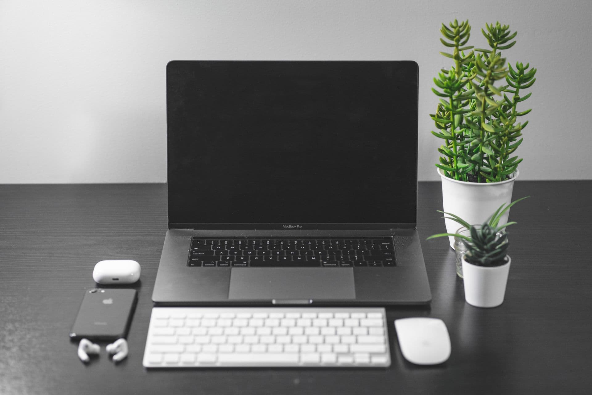 Bureau ordonné avec ordinateur portable, écran et plantes vertes