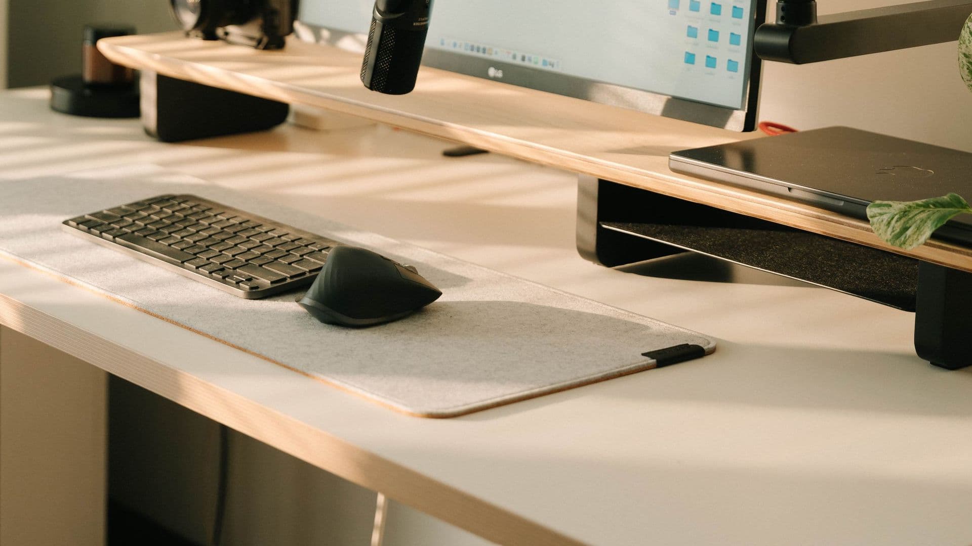 Souris ergonomique sur tapis en feutre dans un bureau baigné de lumière