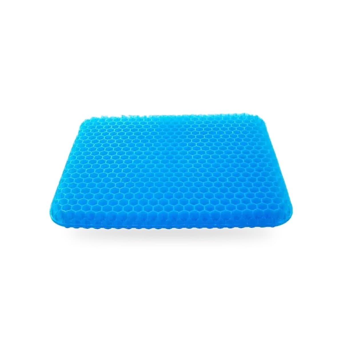 Coussin d'assise en gel bleu à structure nid d'abeille respirante, vue de trois quarts