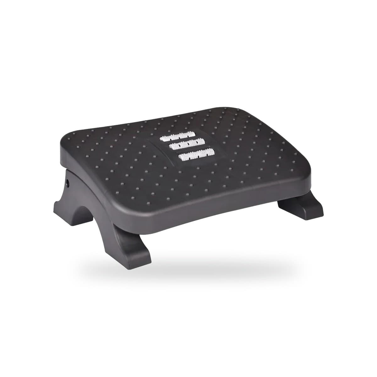 Repose-pieds de bureau noir réglable en hauteur, surface picots et rouleaux de massage intégrés, vue de trois quarts