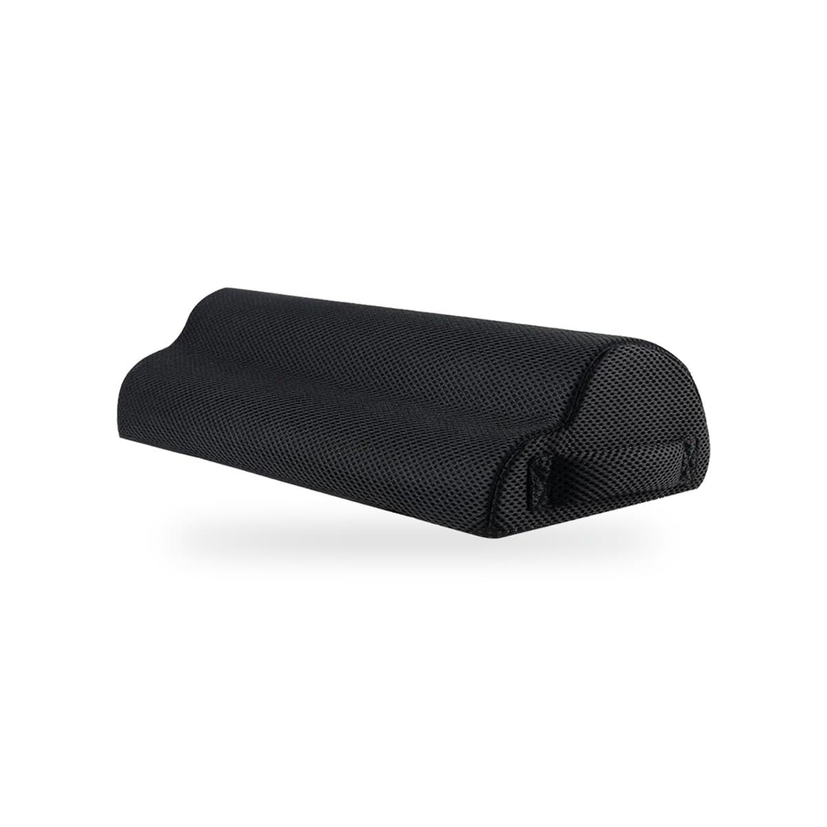 Repose-pieds demi-cylindre en mousse à mémoire de forme, housse maille noire respirante, vue de trois quarts