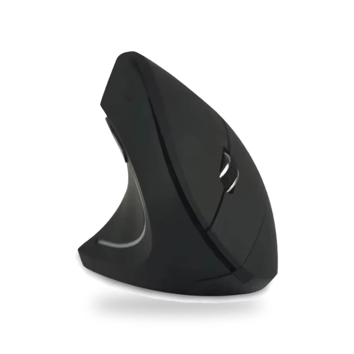 Souris verticale ergonomique noire pour gaucher, version miroir avec molette et bouton DPI, vue de trois quarts