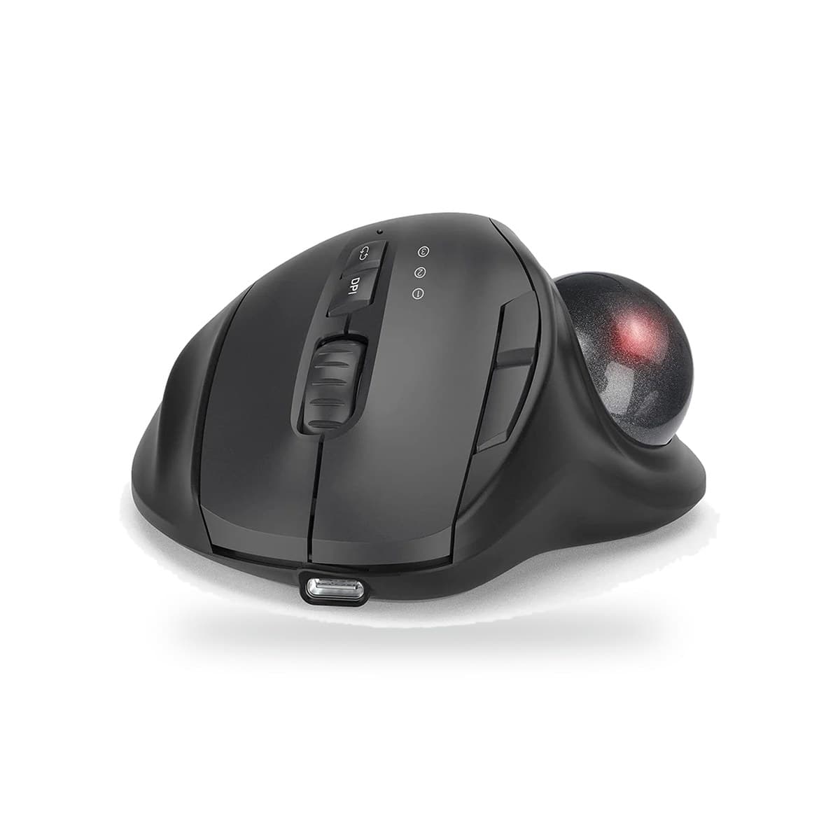 Souris trackball compacte grise avec boule au pouce, port USB-C et bouton DPI, vue de trois quarts