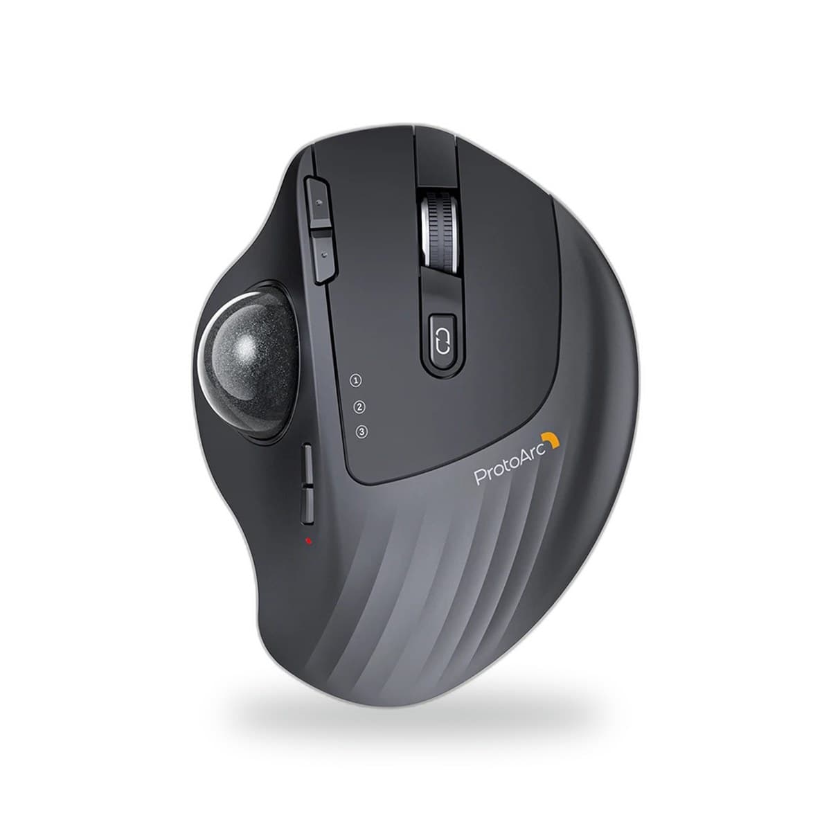 Souris trackball ProtoArc EM01 NL noire avec boule graphite au pouce, molette et bouton multi-appareils, vue de dessus