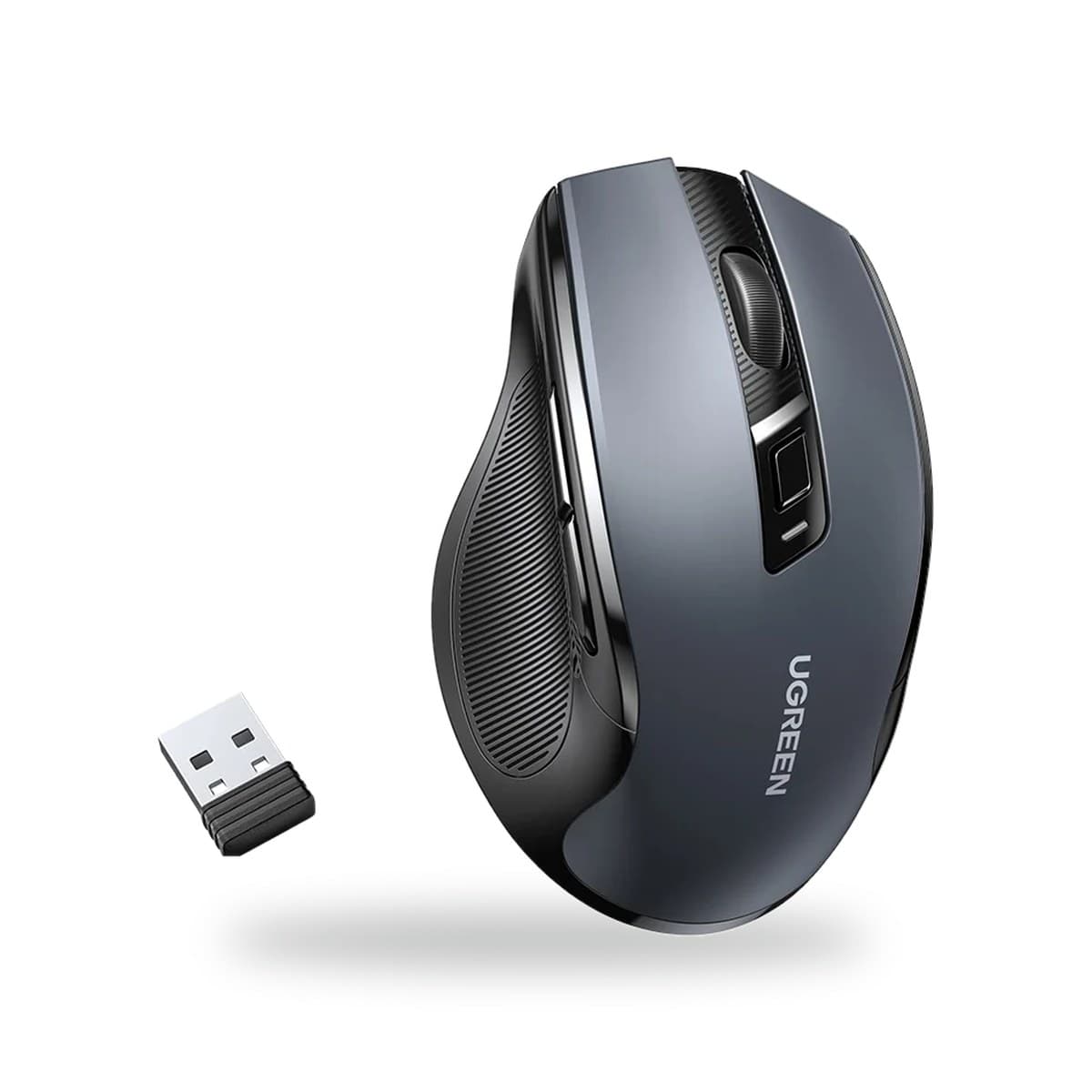 Souris ergonomique UGREEN grise grand format avec récepteur USB, molette et bouton DPI, vue de dessus trois quarts