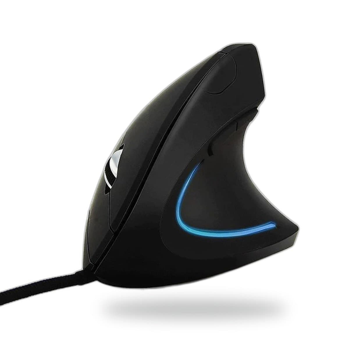 Souris verticale filaire USB noire avec liseré LED bleu, câble tressé, vue de profil