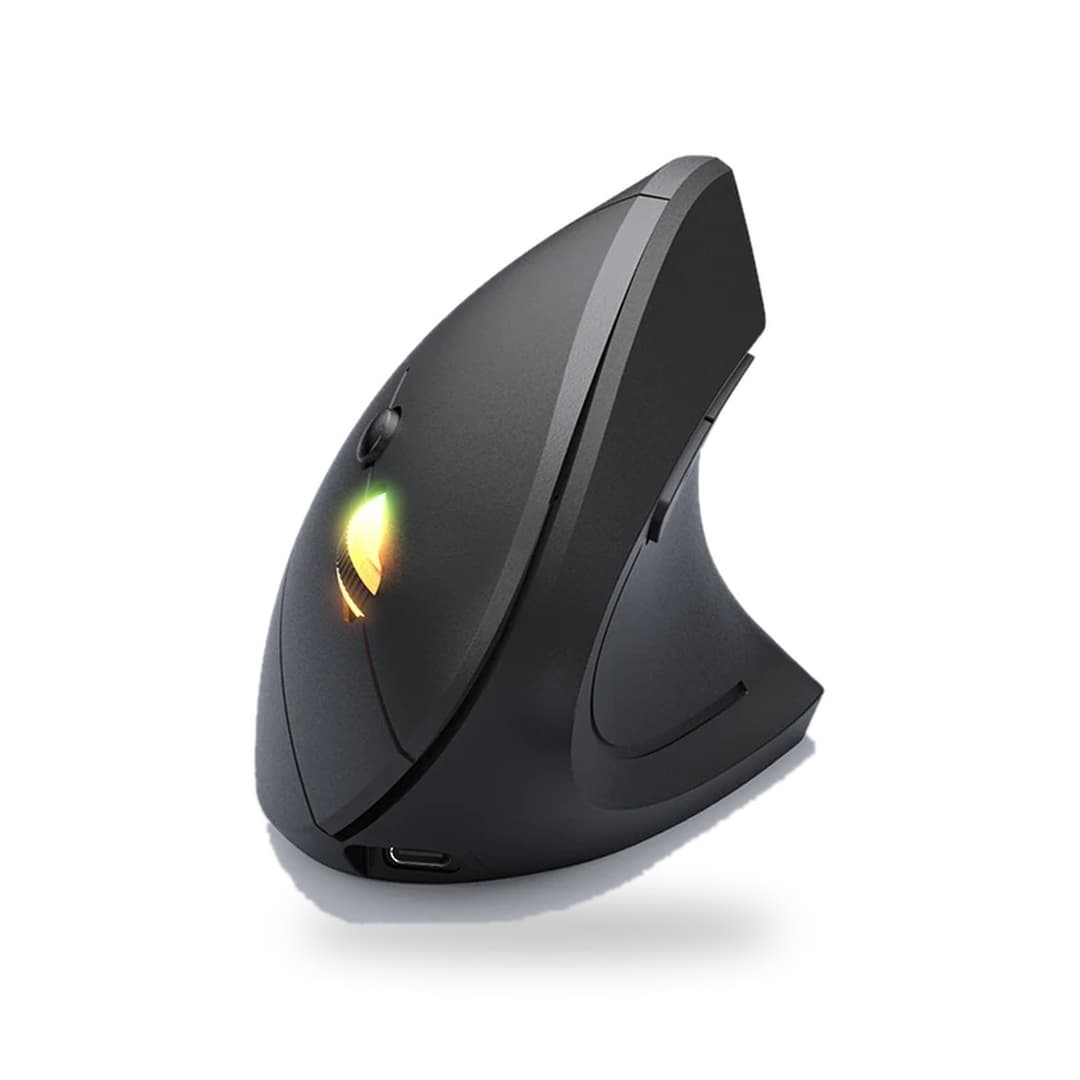 Souris verticale rechargeable noire avec molette rétroéclairée et port USB-C, vue de trois quarts