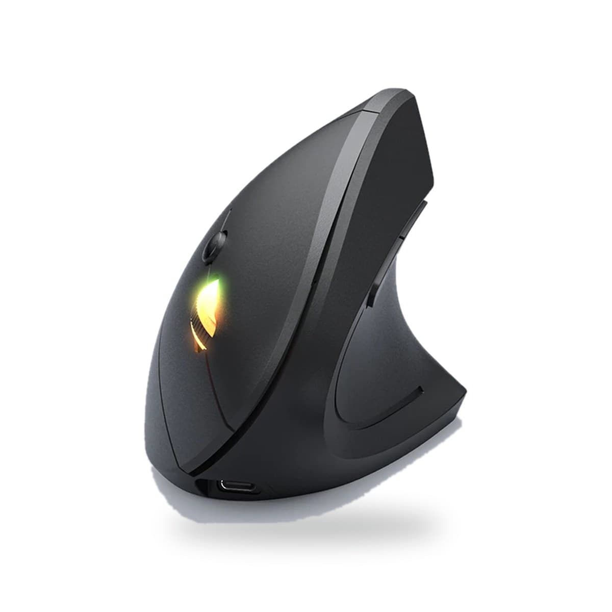 Souris verticale rechargeable noire avec molette rétroéclairée et port USB-C, vue de trois quarts