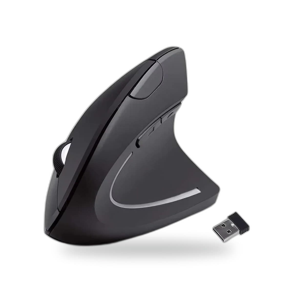 Souris verticale sans fil noire avec récepteur USB, inclinaison 57 degrés, vue de trois quarts