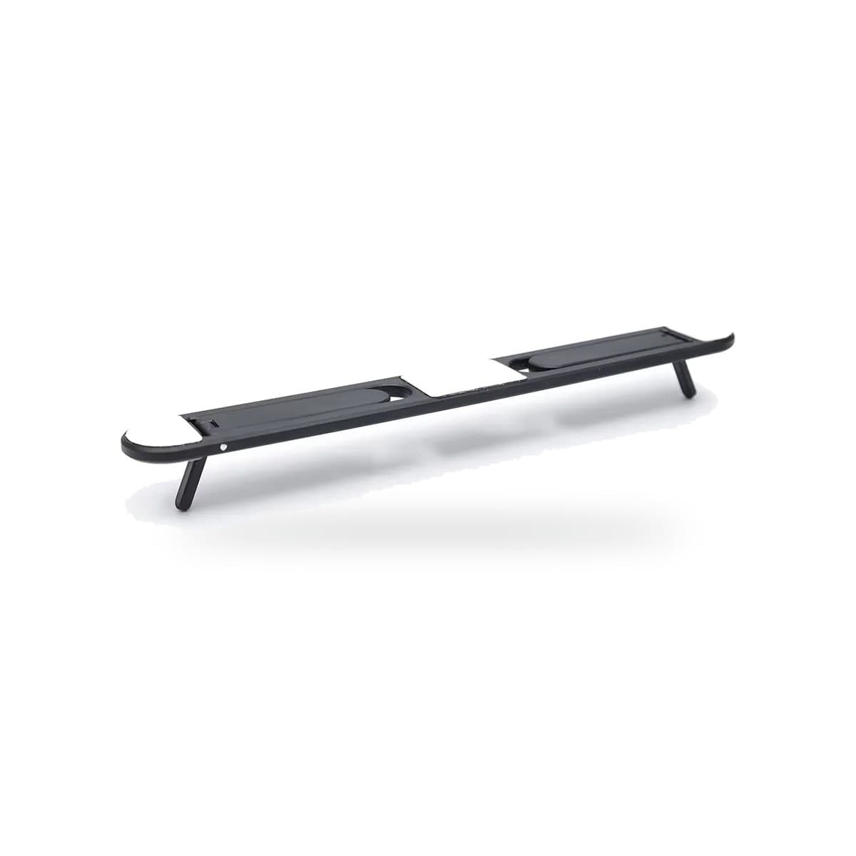 Support adhésif invisible noir pour ordinateur portable, barre fine avec deux pieds dépliés, fond blanc