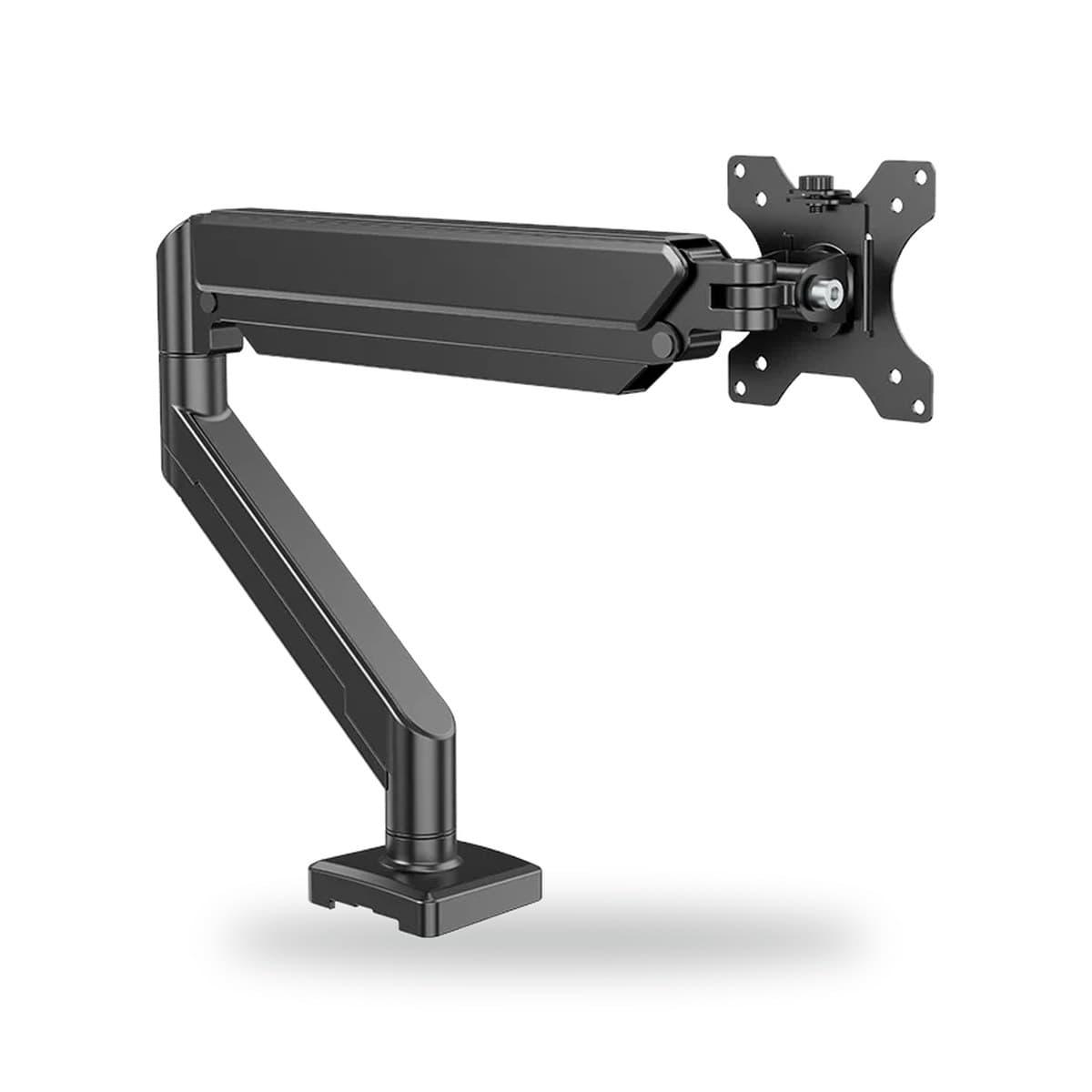 Bras écran simple à ressort à gaz noir, platine VESA orientable et pince de bureau, vue de trois quarts