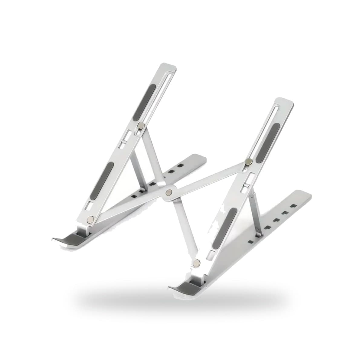 Support ordinateur portable pliable blanc en ABS, structure en X réglable en hauteur, vue de trois quarts