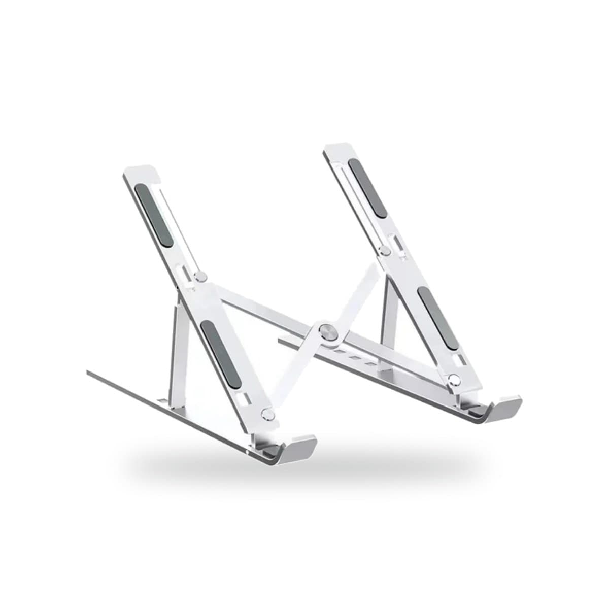 Support ordinateur portable en aluminium argenté, structure pliable en X à 6 positions, vue de trois quarts